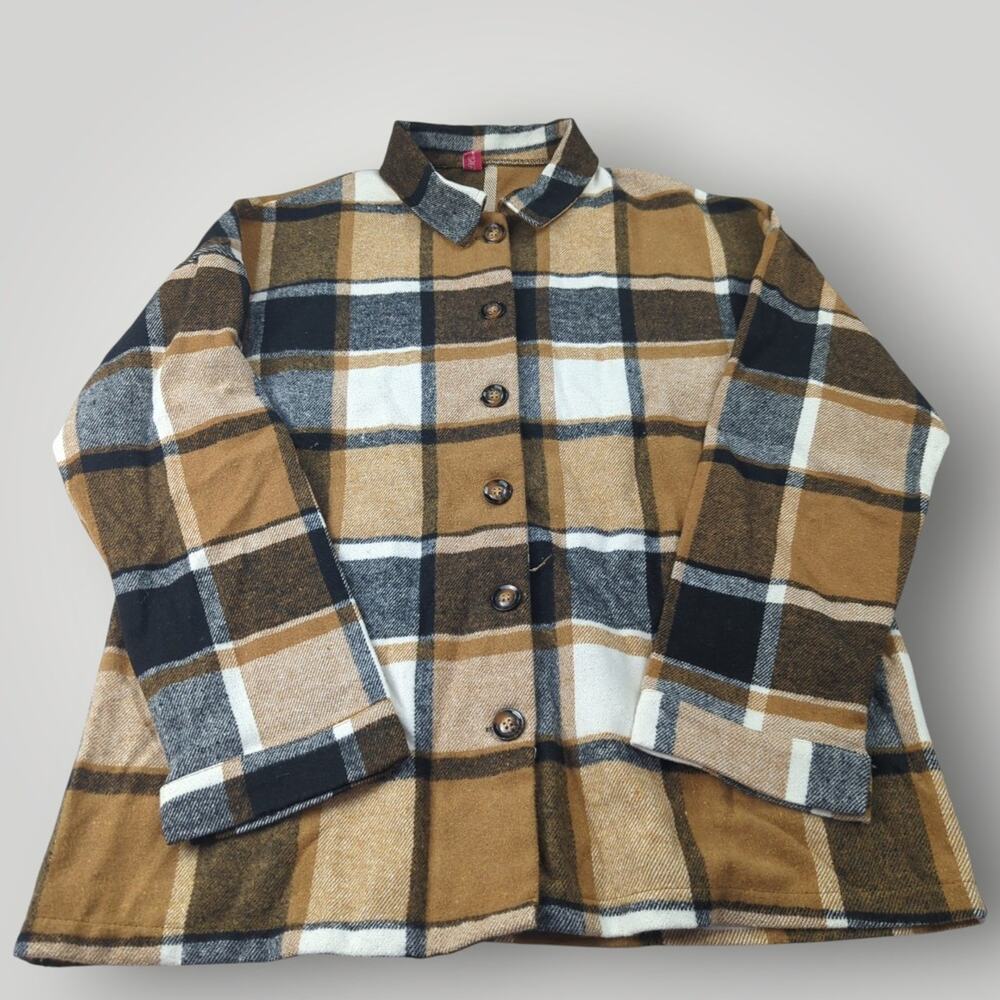 Flannel Shacket Mundefeis Women’s L Heavyweight Brown Black Plaid Soft Jacket